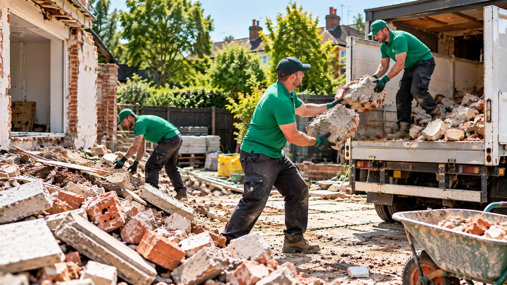 Two-person rubble clearance crew barrowing and loading heavy masonry waste