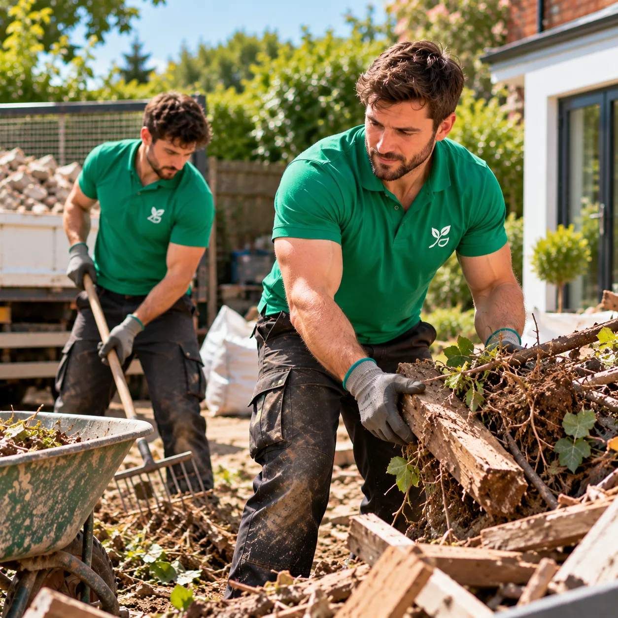 Clearance vehicle and team collecting rubble from a London garden