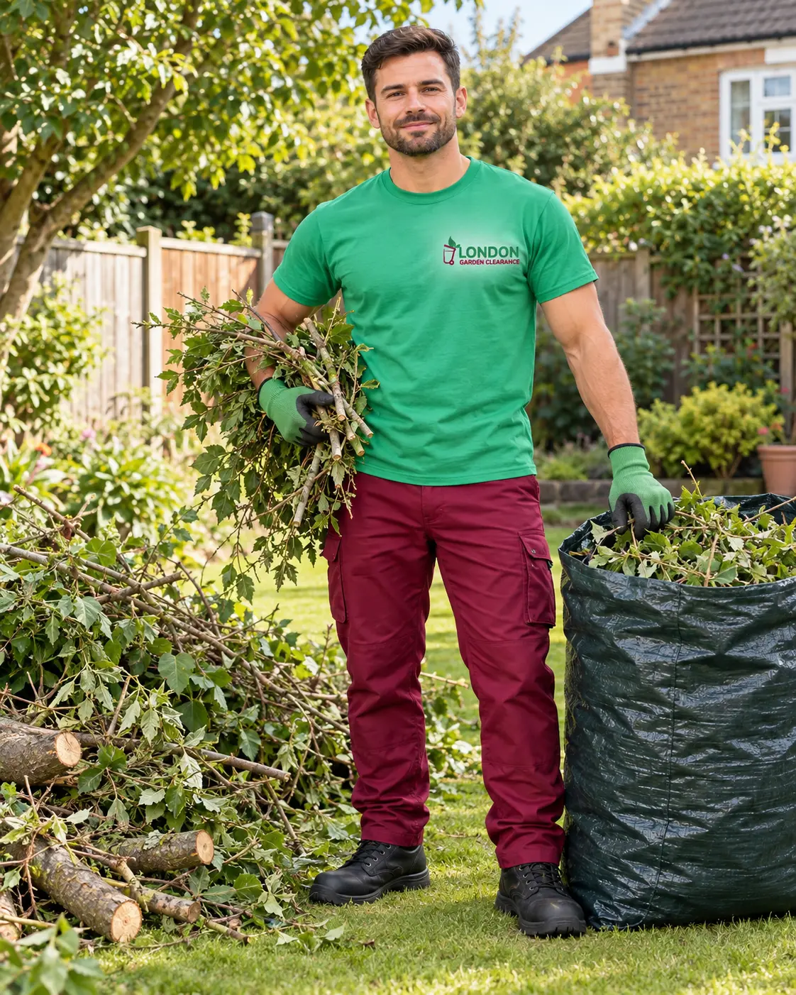 Professional London tree waste clearance crew loading branches
