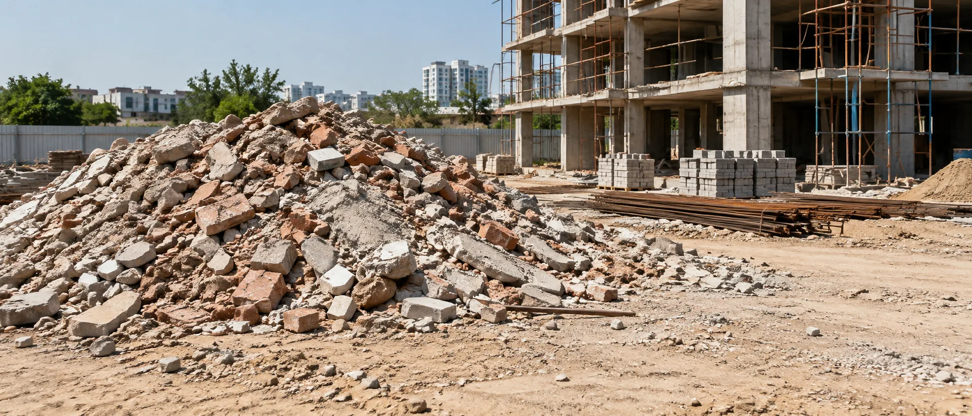 Garden before rubble clearance - broken bricks, concrete and slabs